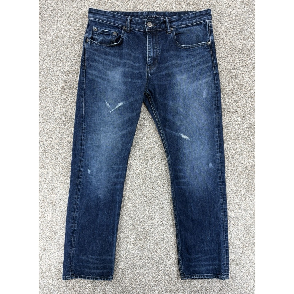 Banana Republic Slim Leg Jean in Westfall Men's 33x30 Blue Whiskered Distressed